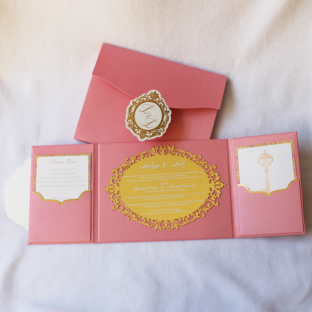 Custom Pink Hardcover Wedding Invitations with Gold Mirror Acrylic Gold Foil Design HI1212